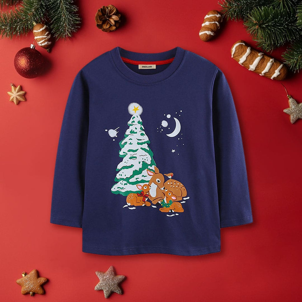Boys Navy Long Sleeve Christmas Tree Printed T-Shirt Tshirts Navy 1-2 Y 