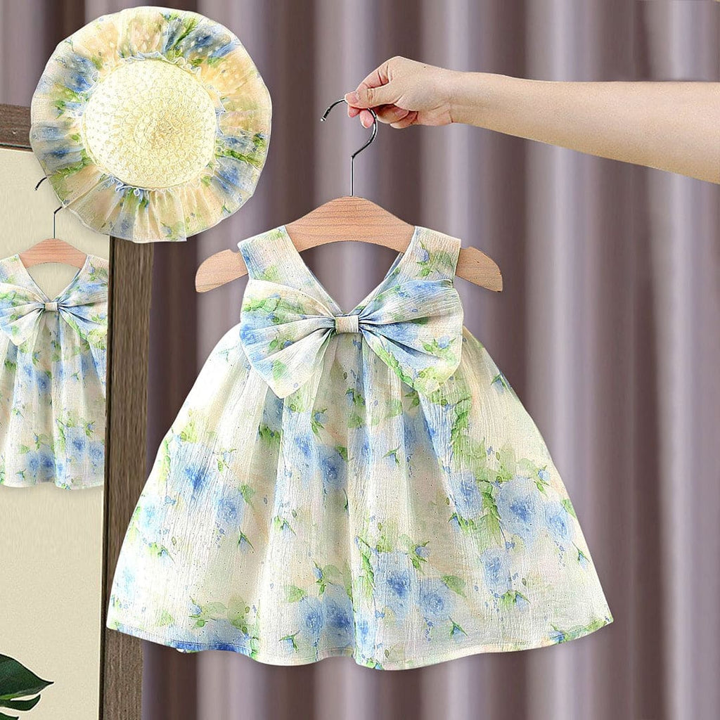 Girls Light Blue Sleeveless V-Neck Printed A-Line Dress Casual Dresses Light Blue 1-2 Y 