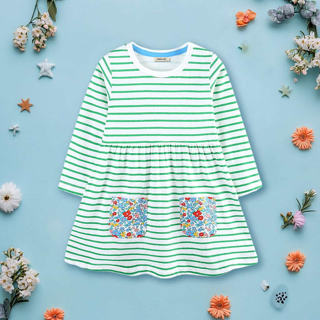 Girls White Long Sleeve Striped Dress With Printed Pocket Casual Dresses White 1-2 Y 