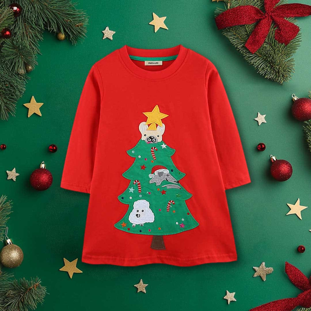 Girls Red Christmas Tree Embroidered Knitted Princess Dress Casual Dresses Red 1-2 Y 
