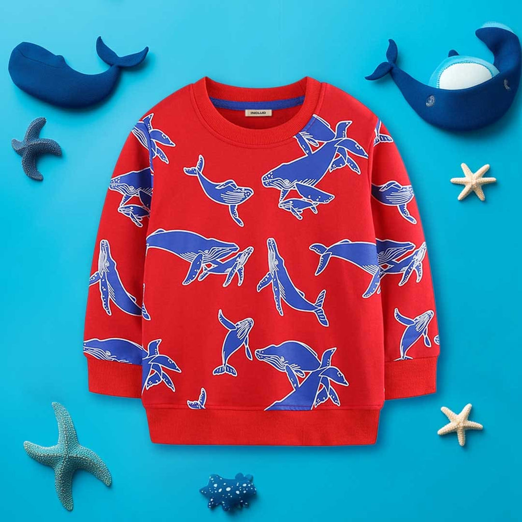 Boys Red Long Sleeves Sea Animal Printed Cotton Sweatshirt Sweatshirts & Hoodies Red 1-2 Y 