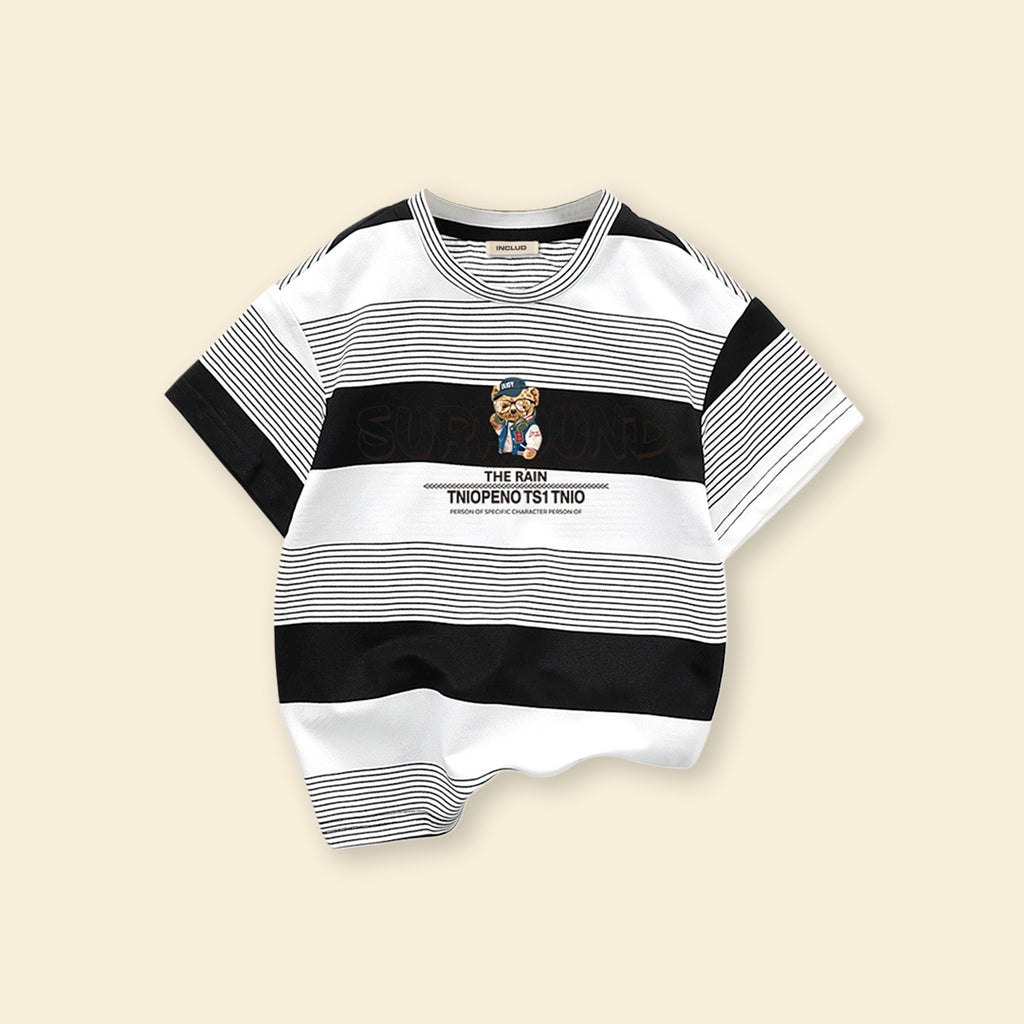 Boys Black Striped Short Sleeves Oversized T-Shirt Tshirts Black 1-2 Y 