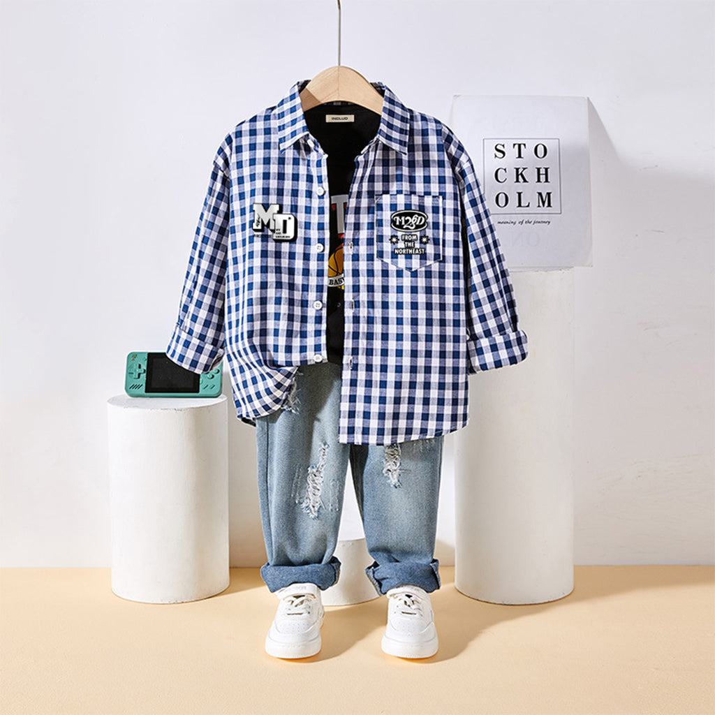 Boys Navy Blue Checkered Long Sleeves Shirt Shirts Navy 3-4 Y 