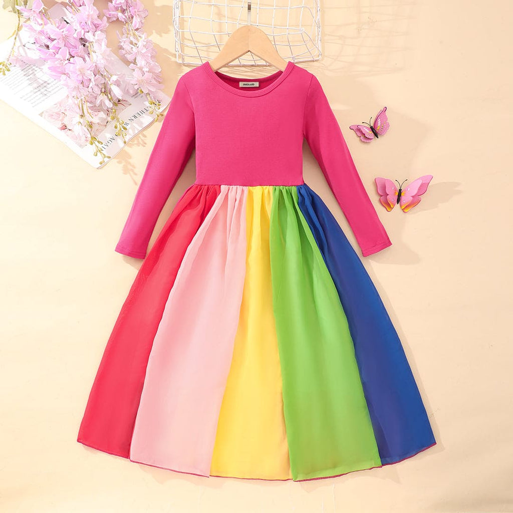Girls Fuchsia Rainbow Panelled Casual Dress Casual Dresses Fuchsia 2-3 Y 