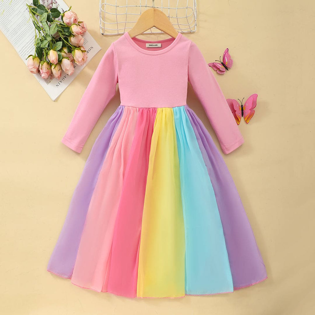Girls Pink Rainbow Panelled Full Sleeves Casual Dress Casual Dresses Pink 2-3 Y 