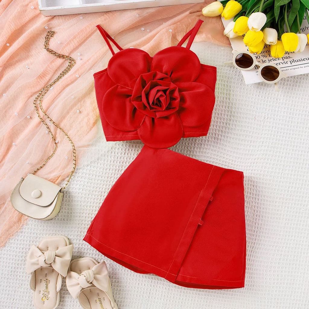 Girls Red Flower Applique Camisole Top With Shorts Set Sets Red 3-4 Y 