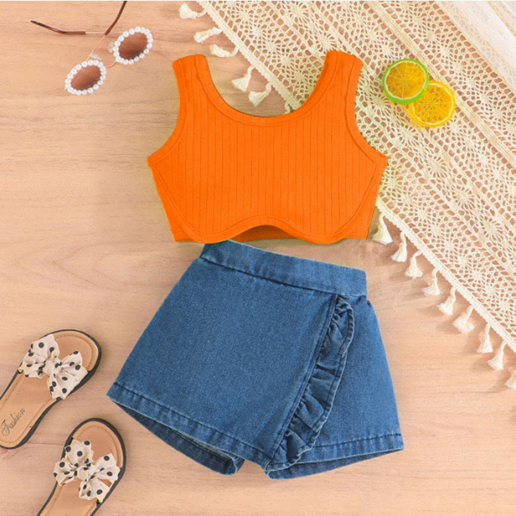 Girls Ribbed Sleeveless Crop Top With Denim Shorts Set Sets Orange 1-2 Y 