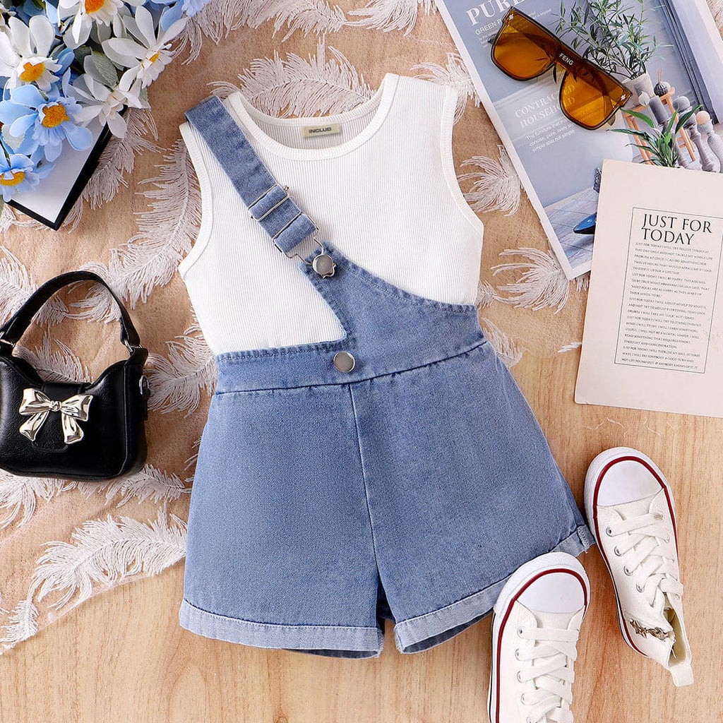 Girls Sleeveless Vest With Suspender Denim Shorts Set Sets White 1-2 Y