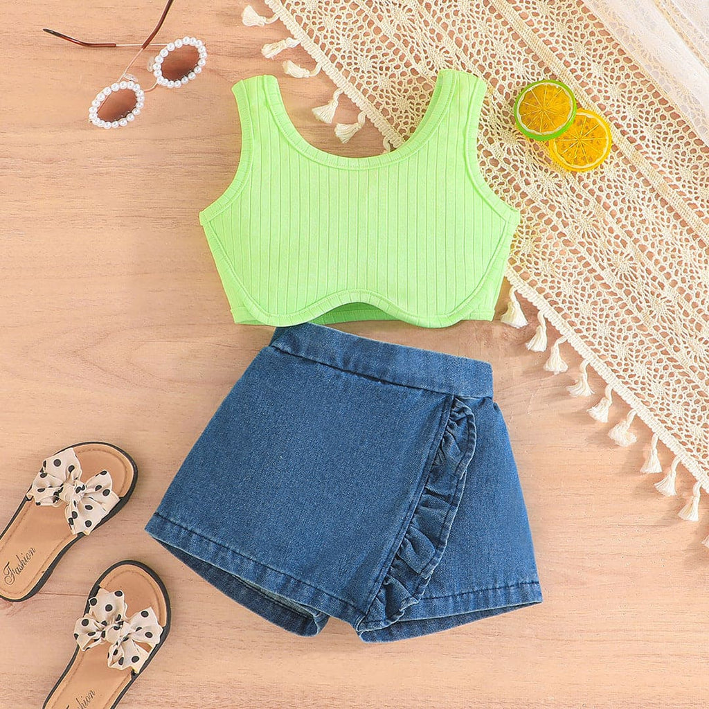 Girls Ribbed Sleeveless Crop Top With Denim Shorts Set Sets Green 1-2 Y 