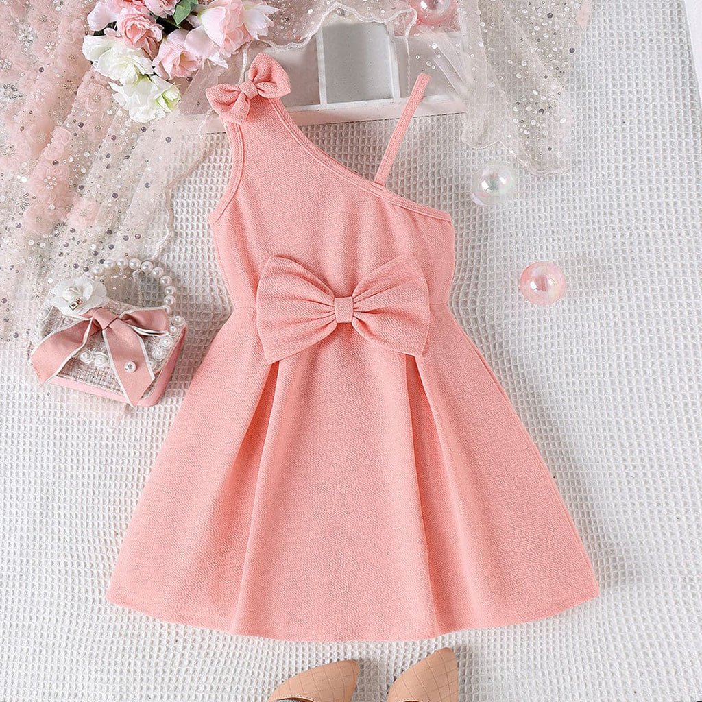 Girls One Shoulder Fit & Flare Dress With Bow Casual Dresses Pink 4-5 Y 