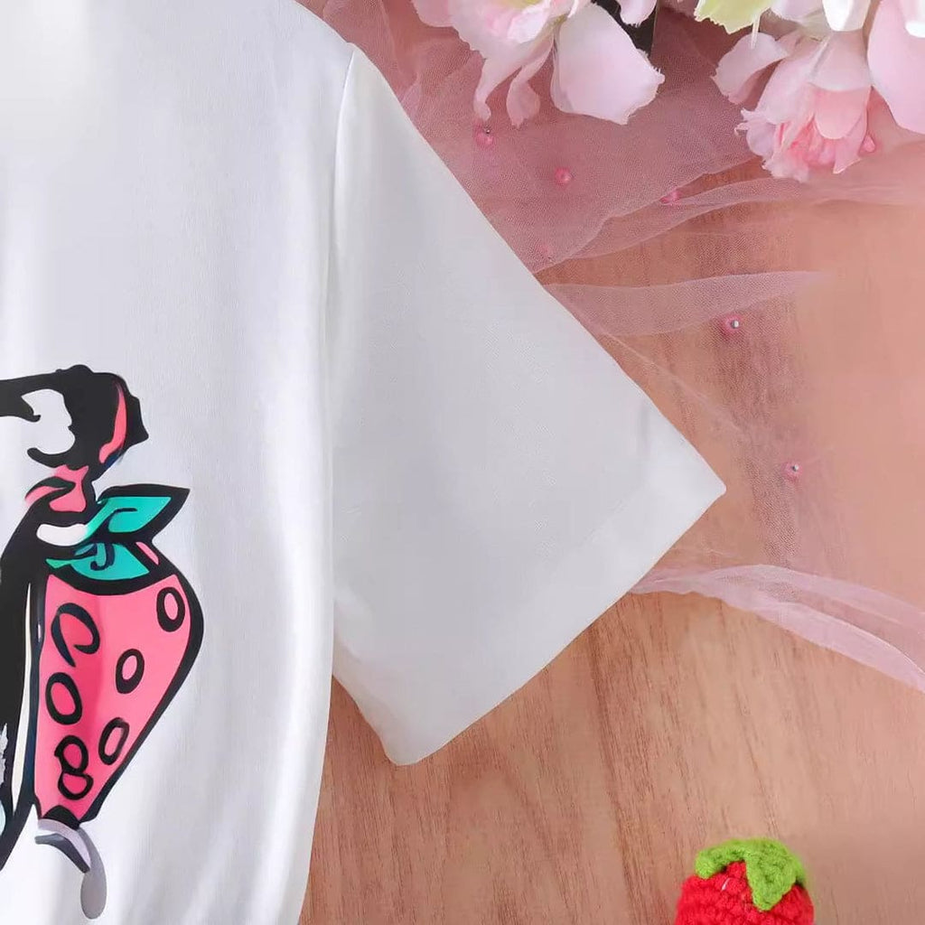 Girls White Strawberry Print Top With Embroidered Denim Shorts Set Sets White 8-9 Y 