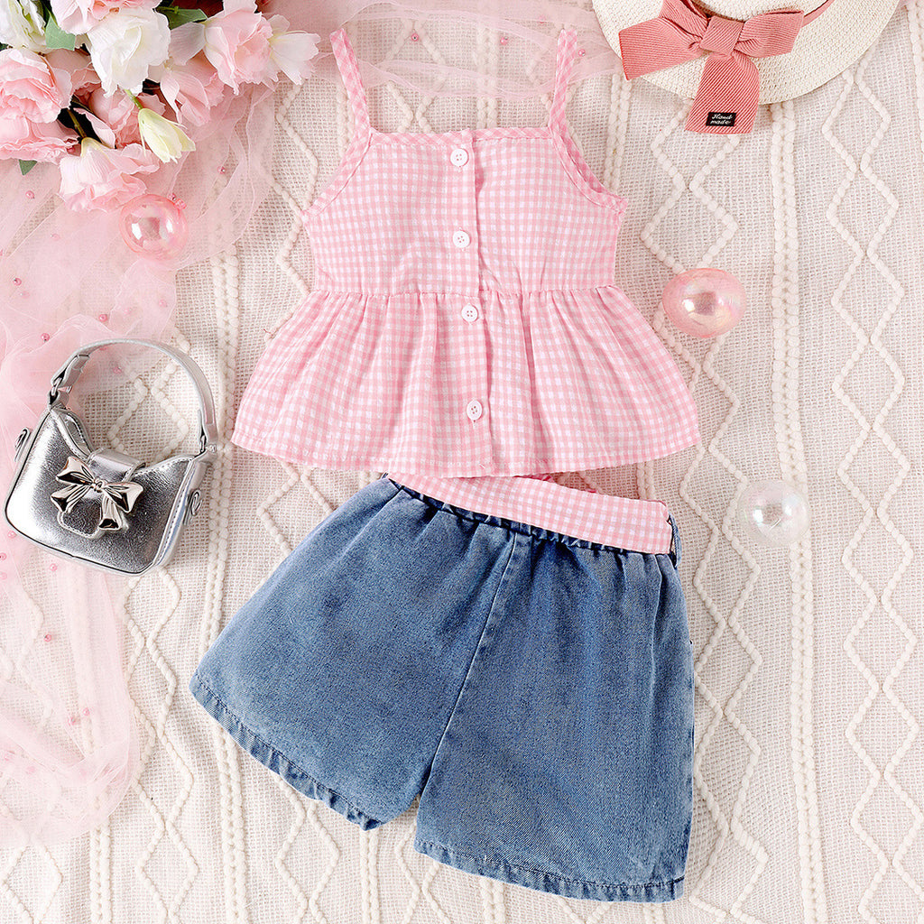 Girls Sleeveless Check Top With Denim Shorts Set Sets Pink 3-4 Y 