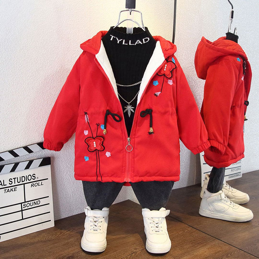 Girls Red Butterfly Applique Hooded Fleece Lined Jacket Coats & Jackets Red 1-2 Y 