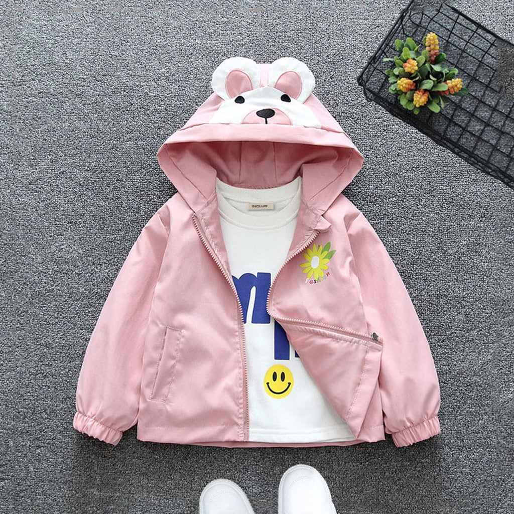 Korean Jacket For Girls Girls Pink Twin Bear Hooded Front Open