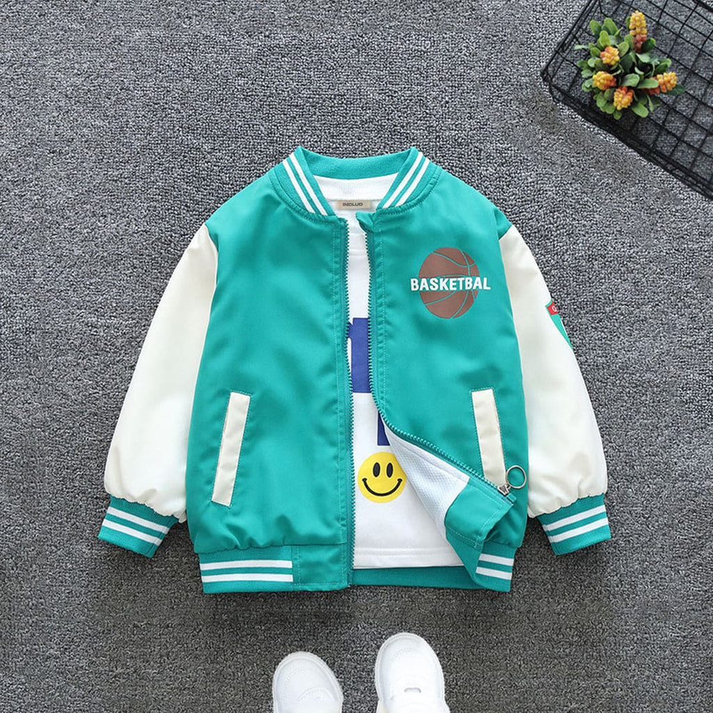 Boys Green Basketball Print Front Open Trendy Sporty Jacket Coats & Jackets Green 1-2 Y 