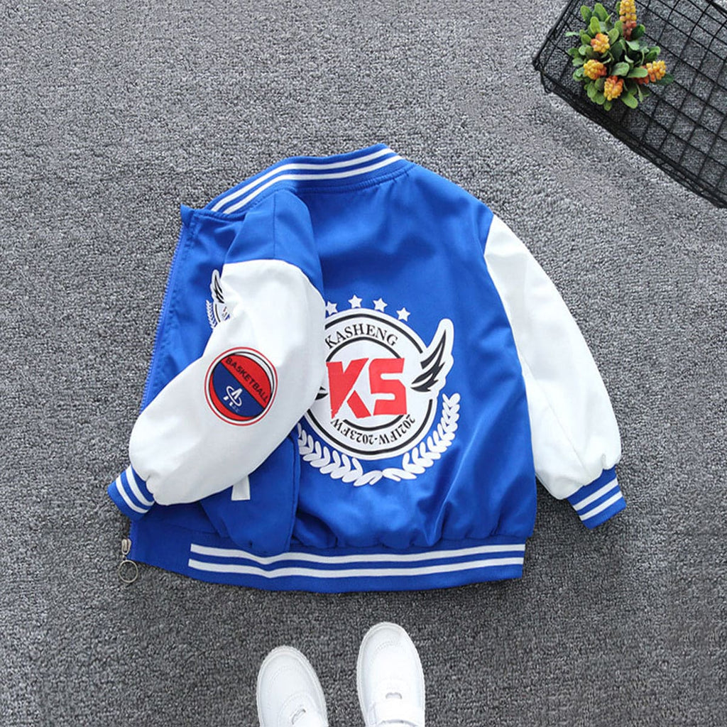 Boys Blue Basketball Printed Front Open Trendy Sporty Jacket