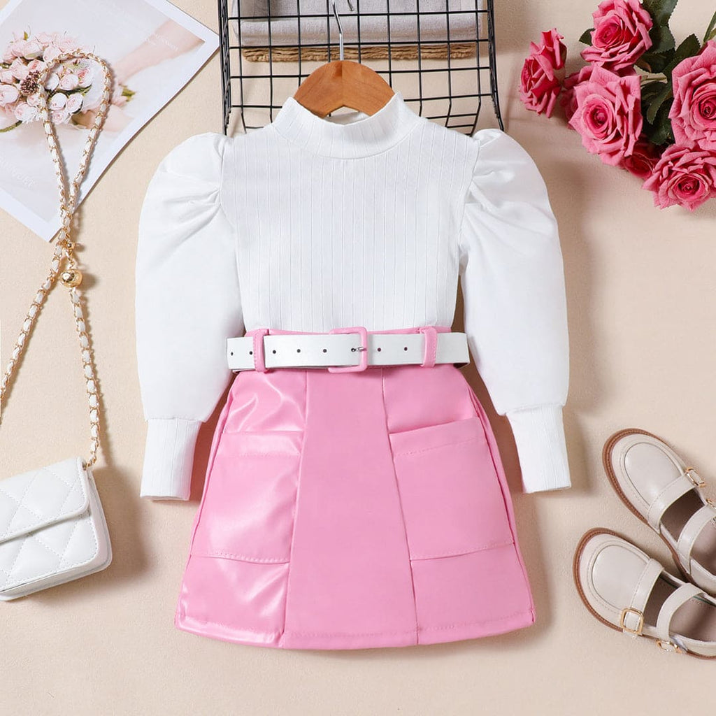 Girls Pink Rib Sleeves High Neck Top With Pu Leather Skirt Set Sets