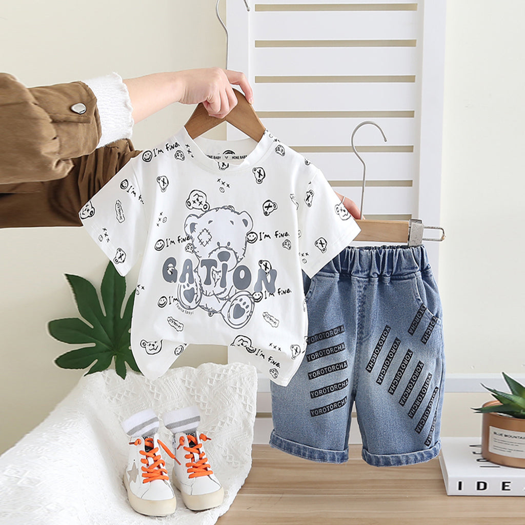 Boys White Short Sleeves Teddy Printed T-Shirt with Denim Shorts Set Sets White 1-2 Y