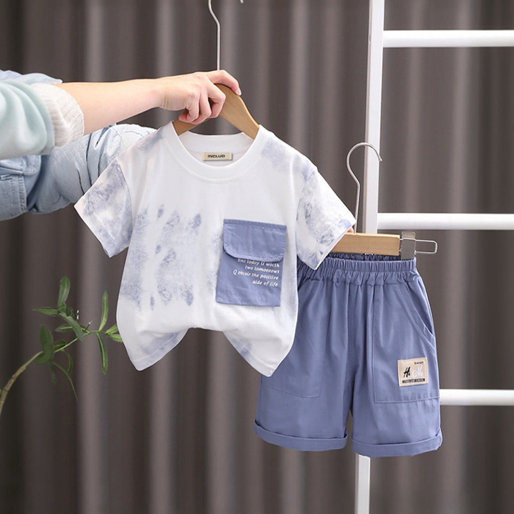 Boys Contrast Pocket Flap Printed T-Shirt With Blue Shorts Set 2 pc. Sets