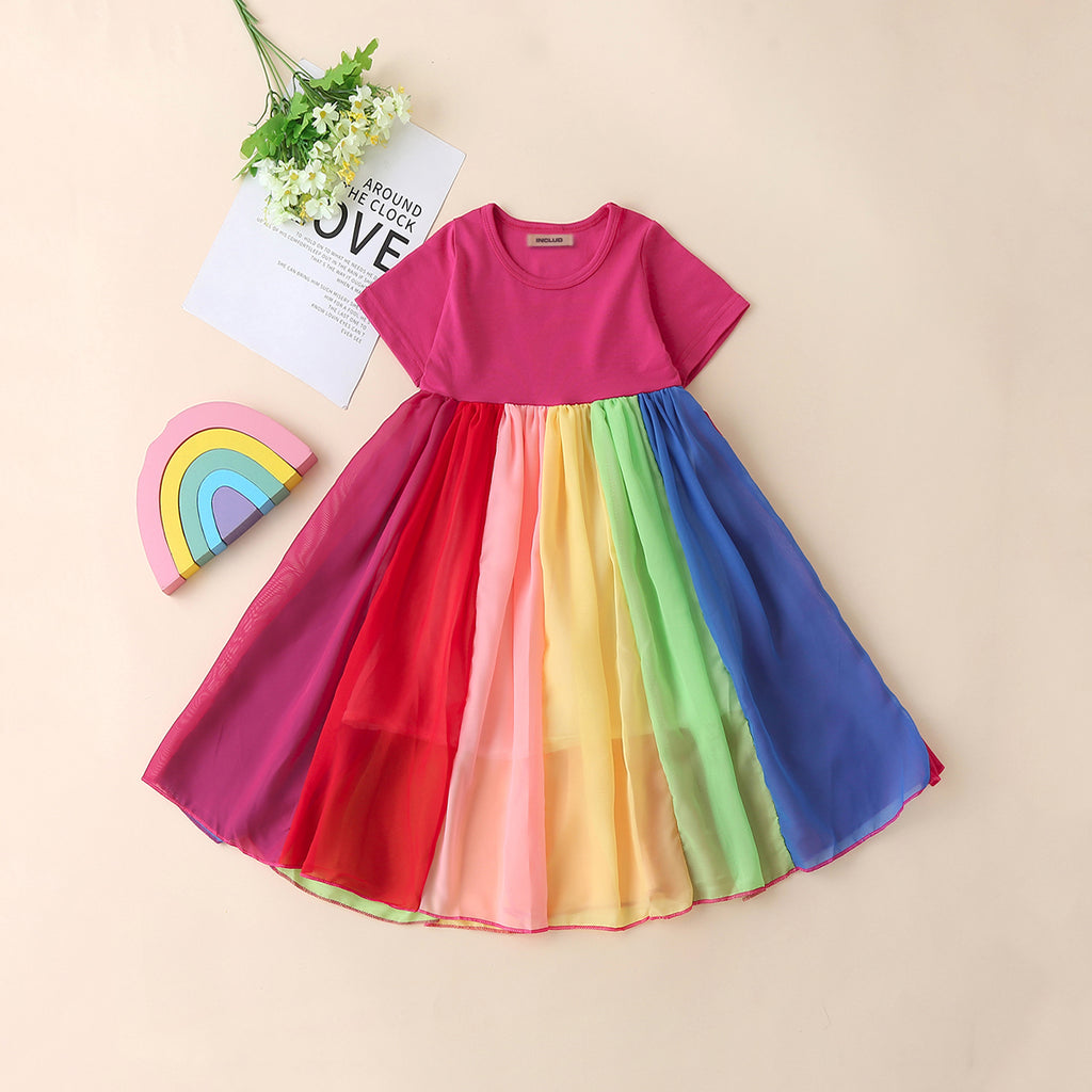 Girls Multicolor Short Sleeve Round Neck Flared Dress Casual Dresses Multicolor 1-2 Y