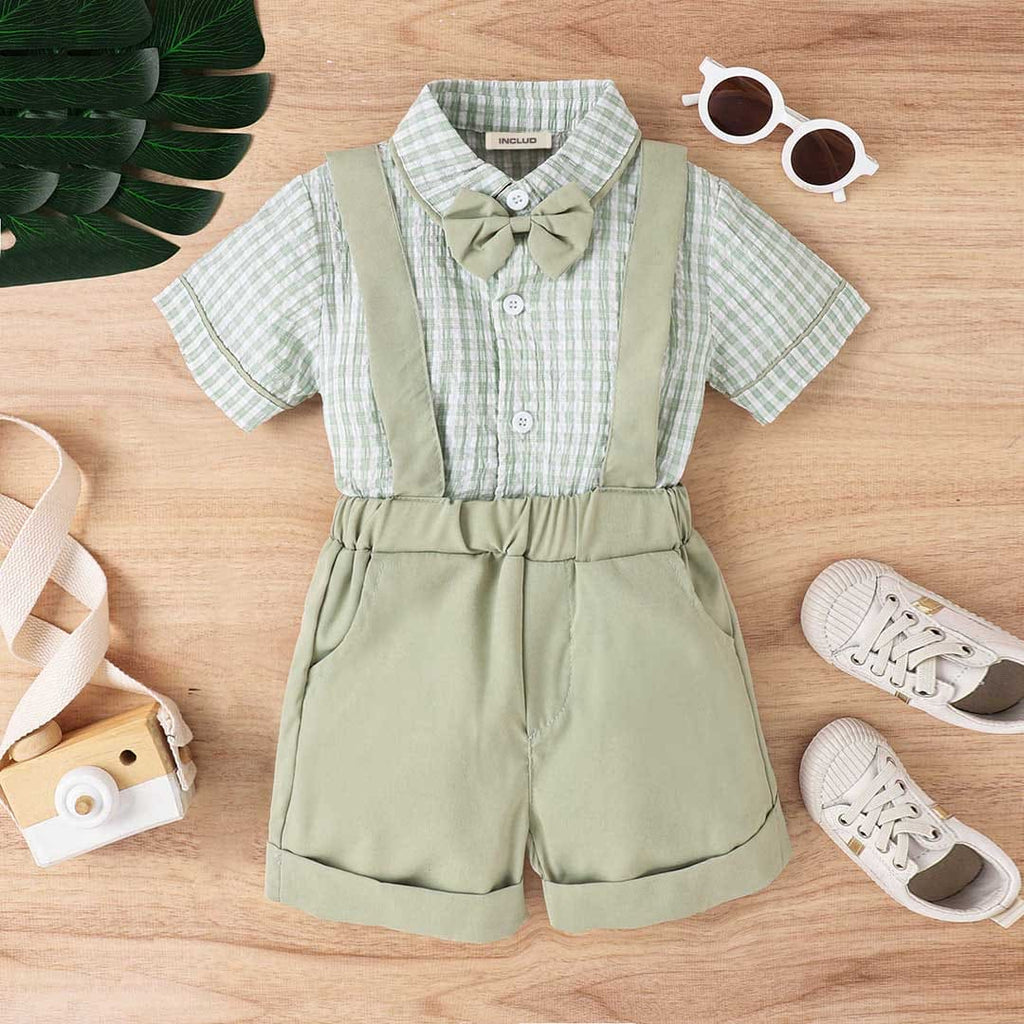 Boys Short Sleeve Plaid Shirt With Suspender Shorts Set 2 pc. Sets Green 1-2 Y 