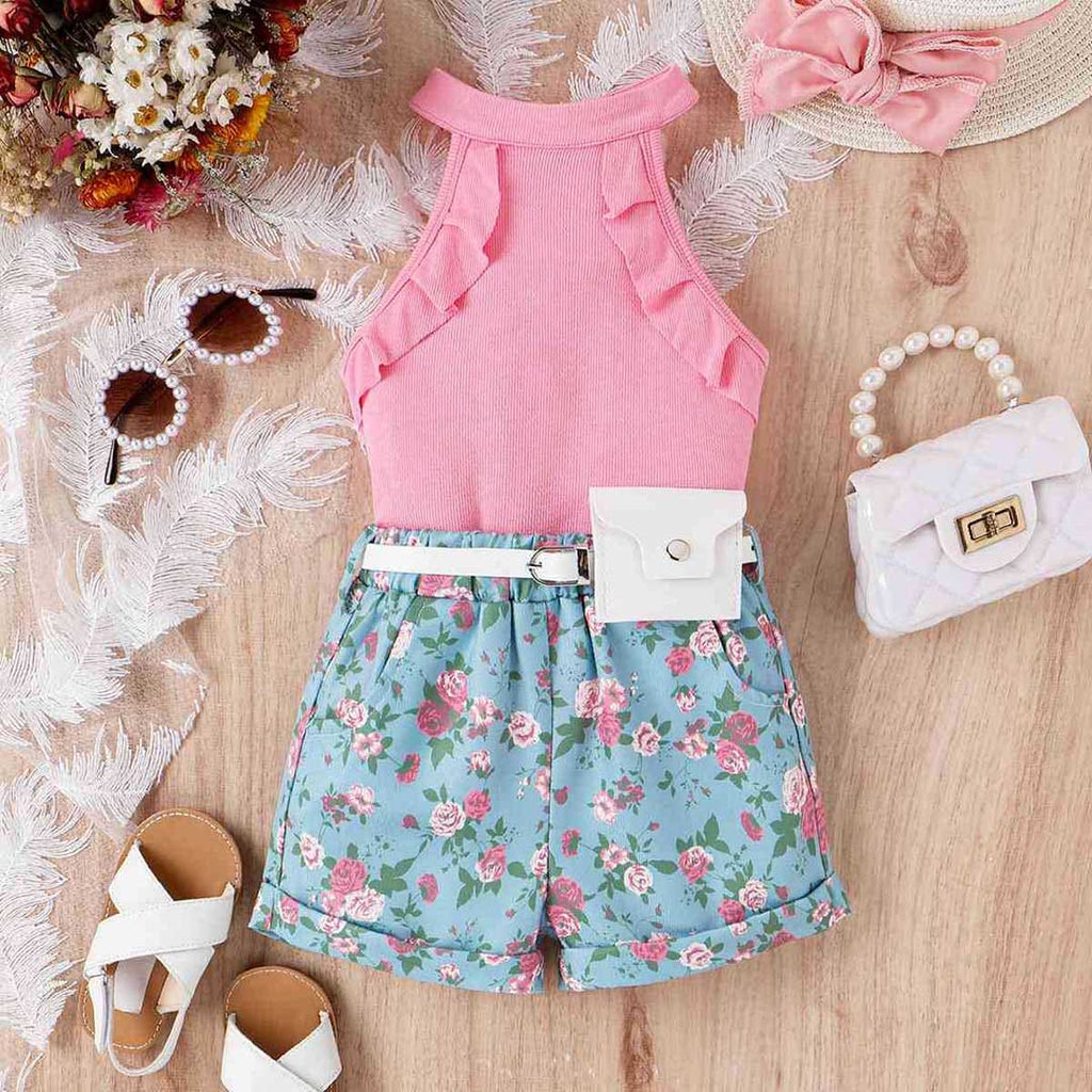 Girls Halter Neck Top With Floral Print Short & Waist Bag 3 pc. Sets Pink 4-5 Y 