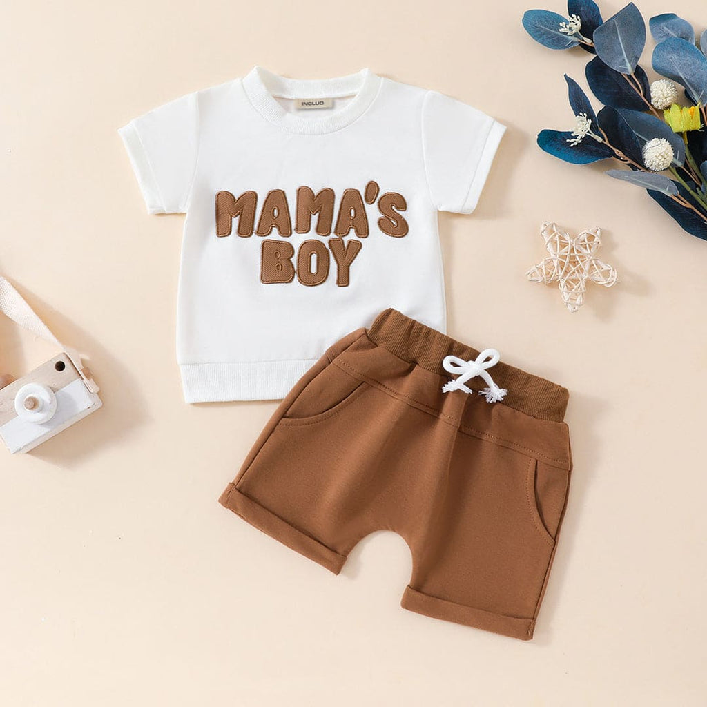 Boys Embroidered Short Sleeves T-Shirt With Shorts Set Sets Brown 1-2 Y 