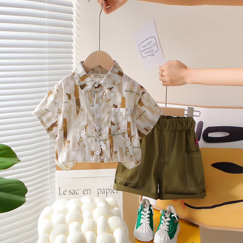 Boys Khaki Abstract Printed Short Sleeves Shirt With Cargo Shorts Set 2 pc. Sets Khaki 1-2 Y