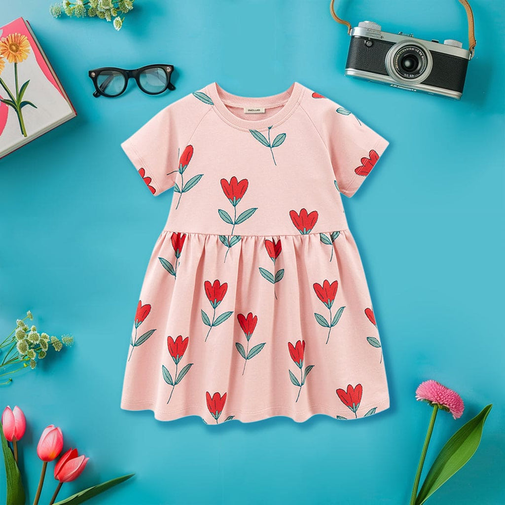 Girls Floral Print Fit & Flare Dress Casual Dresses Peach 1-2 Y 