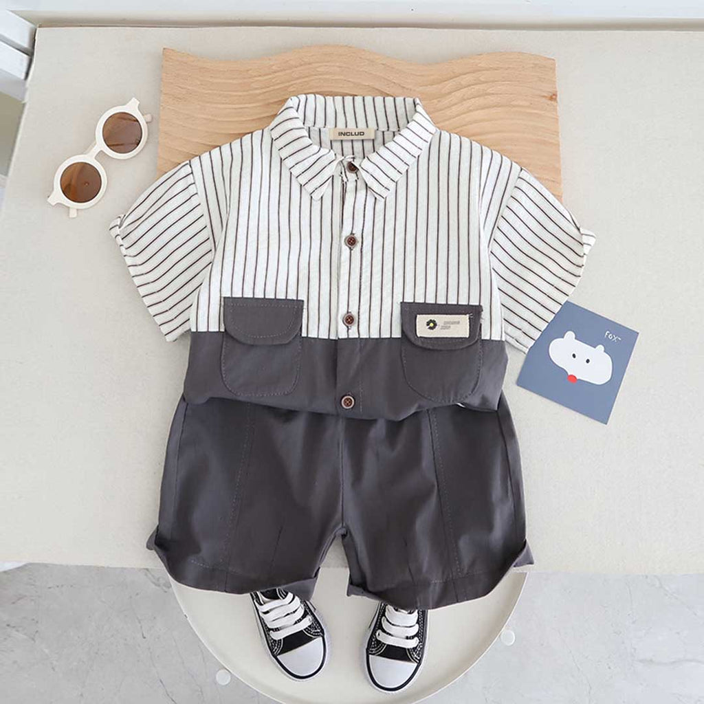 Boys Double Pocket Striped Shirt With Shorts Set 2 pc. Sets Gray 1-2 Y 