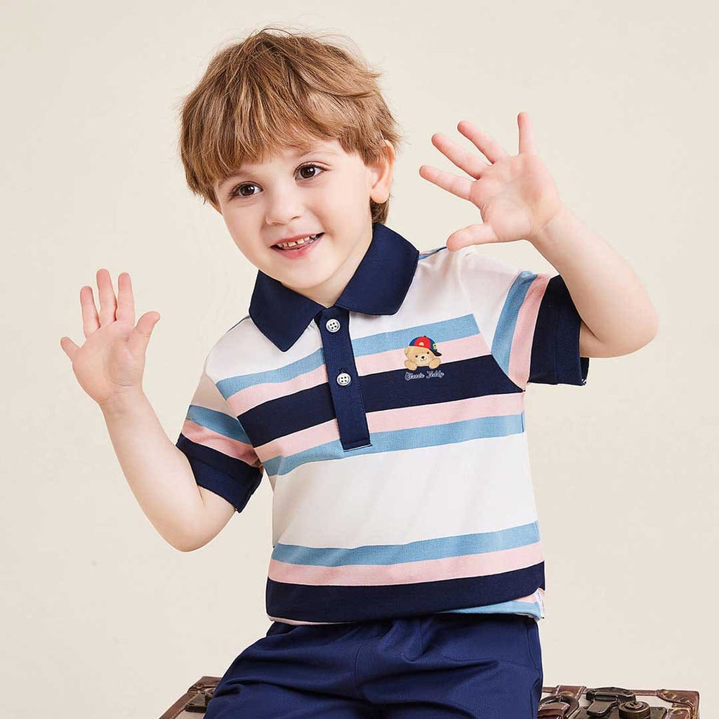 Boys Short Sleeve Striped Polo T-Shirt Tshirts Blue 1-2 Y 