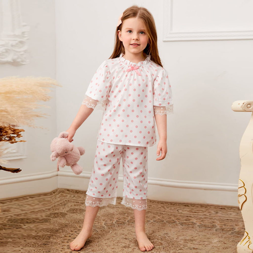 Girls White Polka Dot Print Top with Capris Nightsuit Set Sleepwear Sets