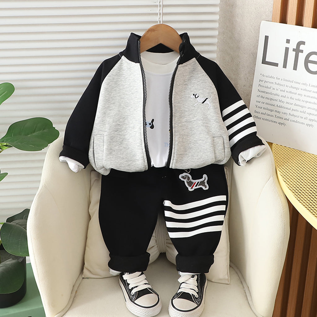 Boys Black Dog Cartoon Printed Sweatshirt With T-Shirt and Pants Set 3 pc. Sets Black 1-2 Y