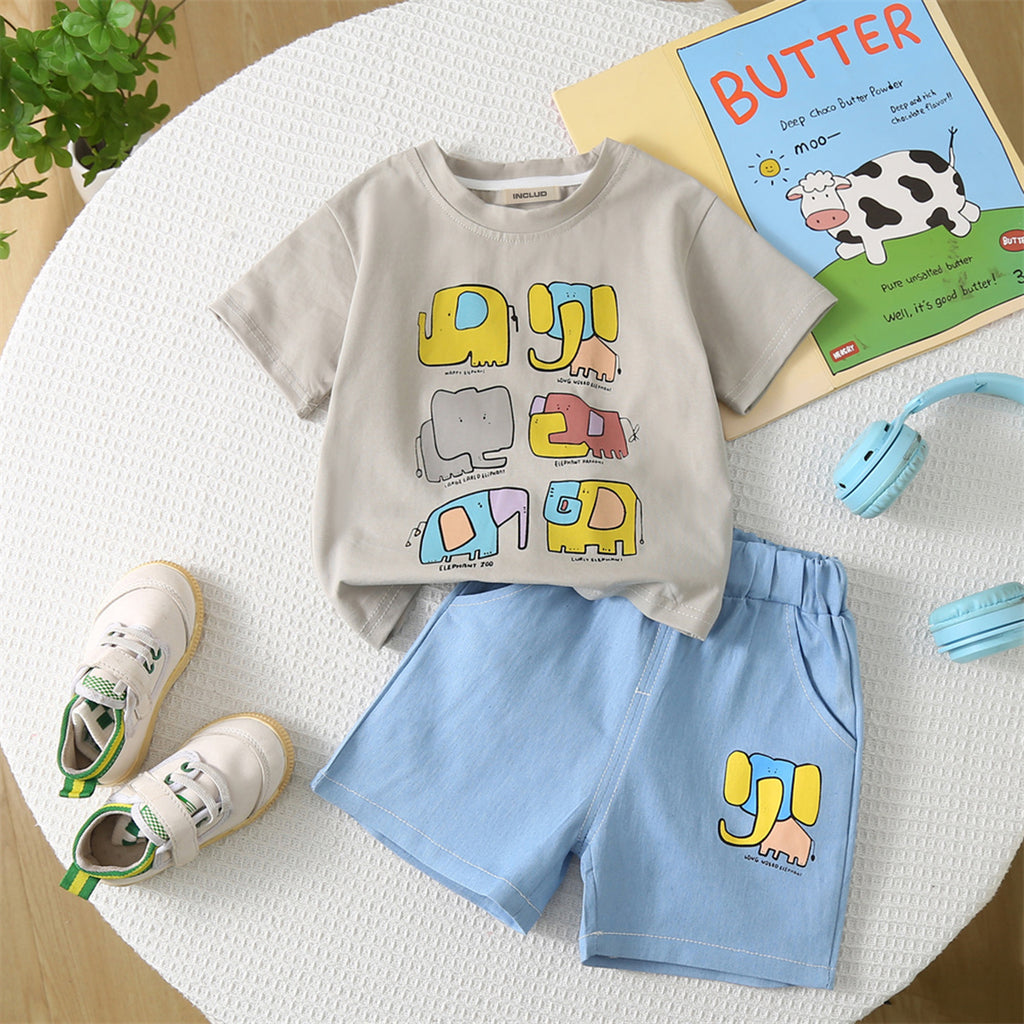 Boys Grey Elephant Printed T-shirt with Chambray Shorts Set Sets Grey 1-2 Y