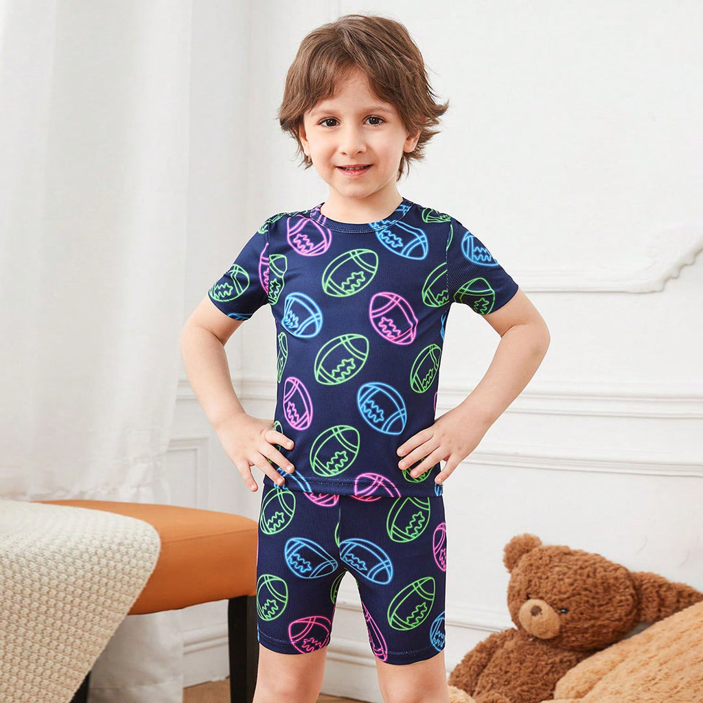 Boys Navy Glow in the Dark Rugby Ball Printed T-shirt with Shorts Set Sets Navy Blue 3-4 Y