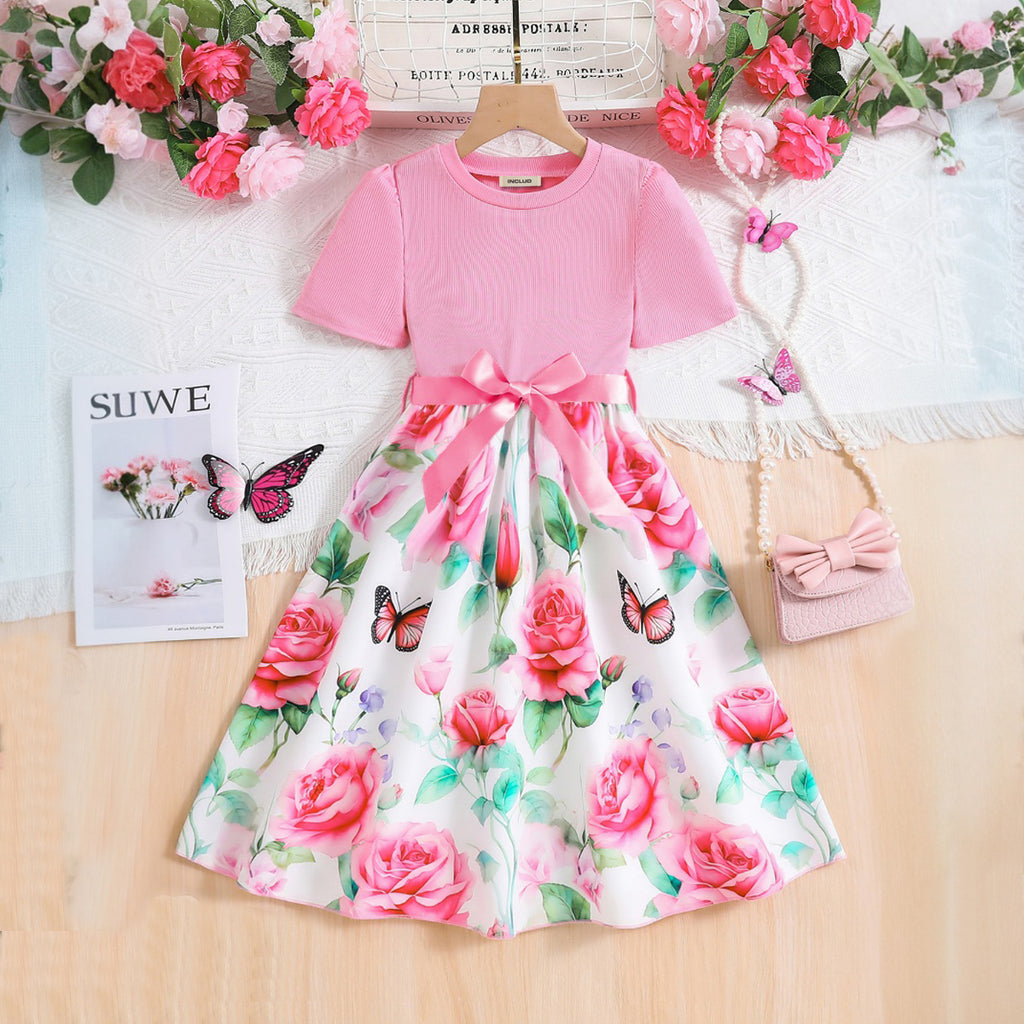 Girls Pink Rose Printed Short Sleeves Fit And Flared Dress Casual Dresses Pink 3-4 Y