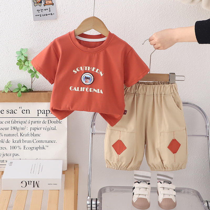 Boys Orange Short Sleeves Printed T-Shirt With Pants Set 2 pc. Sets Orange 1-2 Y