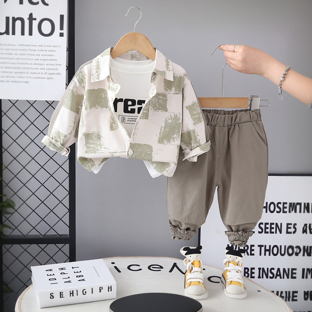 Boys Green Abstract Printed Shirt With T-Shirt and Pants Set Sets Green 1-2 Y