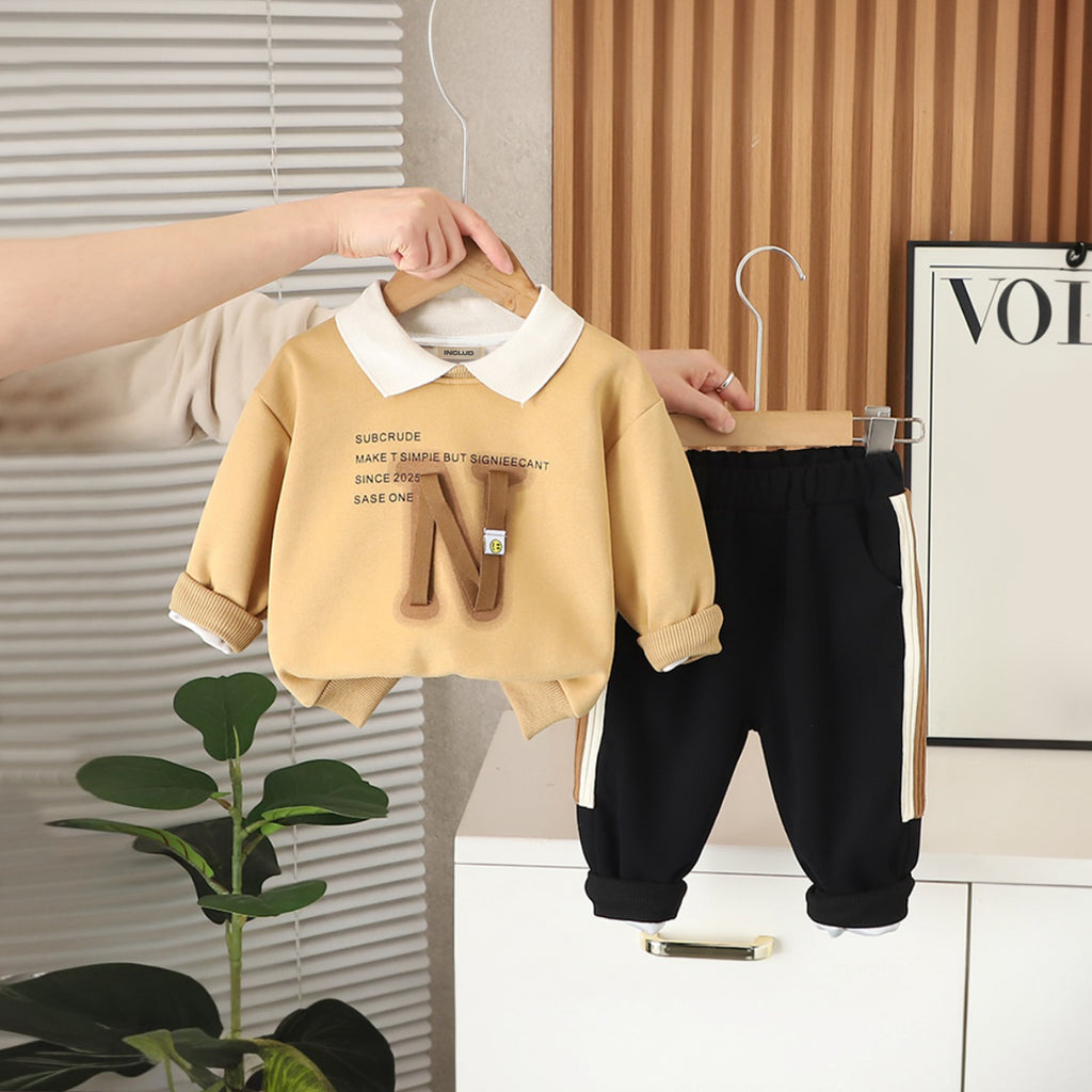 Boys Khaki Typographic Printed Polo Sweatshirt With Pants Set 2 pc. Sets Khaki 1-2 Y