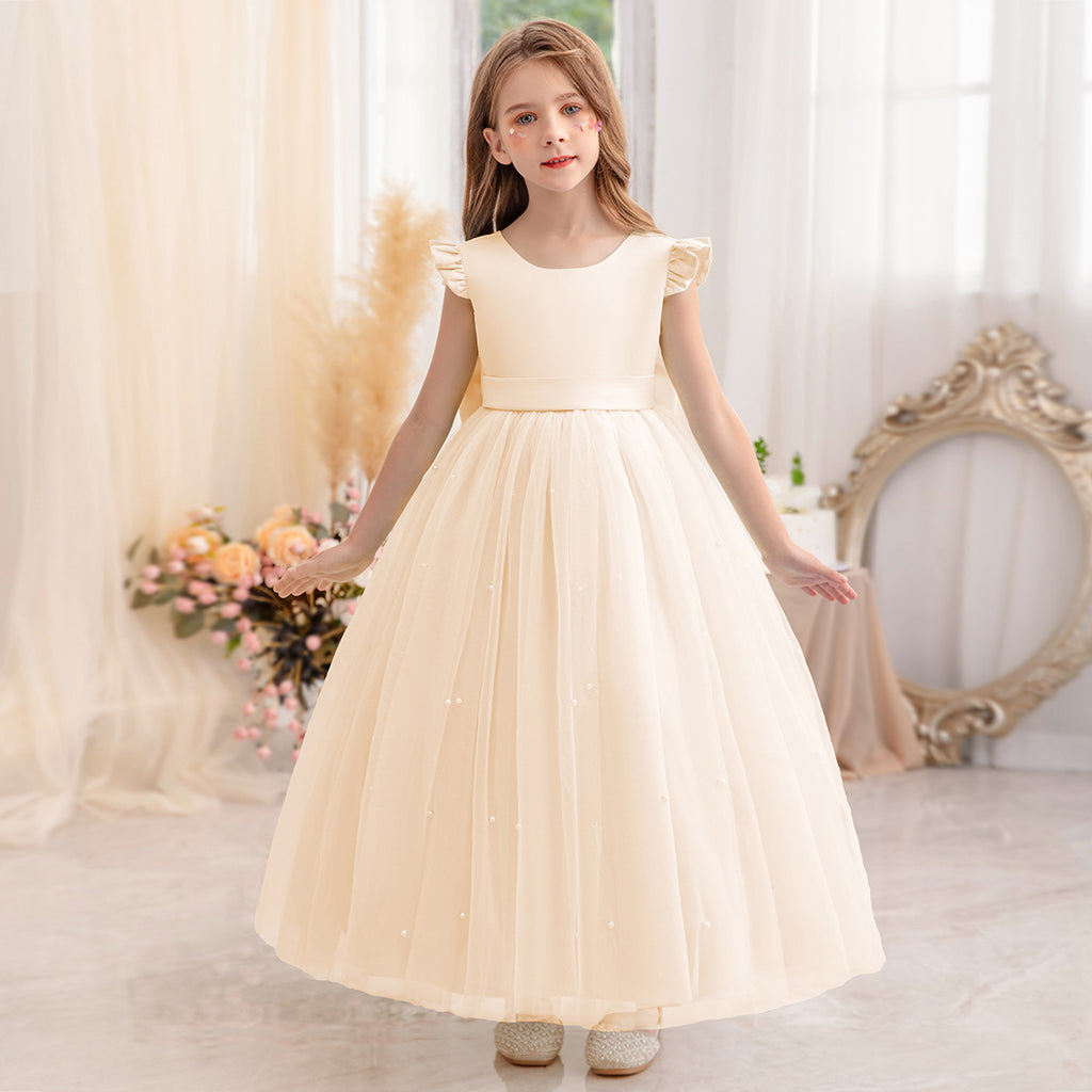 Girls Peach Duchess Satin Bodice with Beaded Tulle Party Gown Party Dresses Peach 7-8 Y
