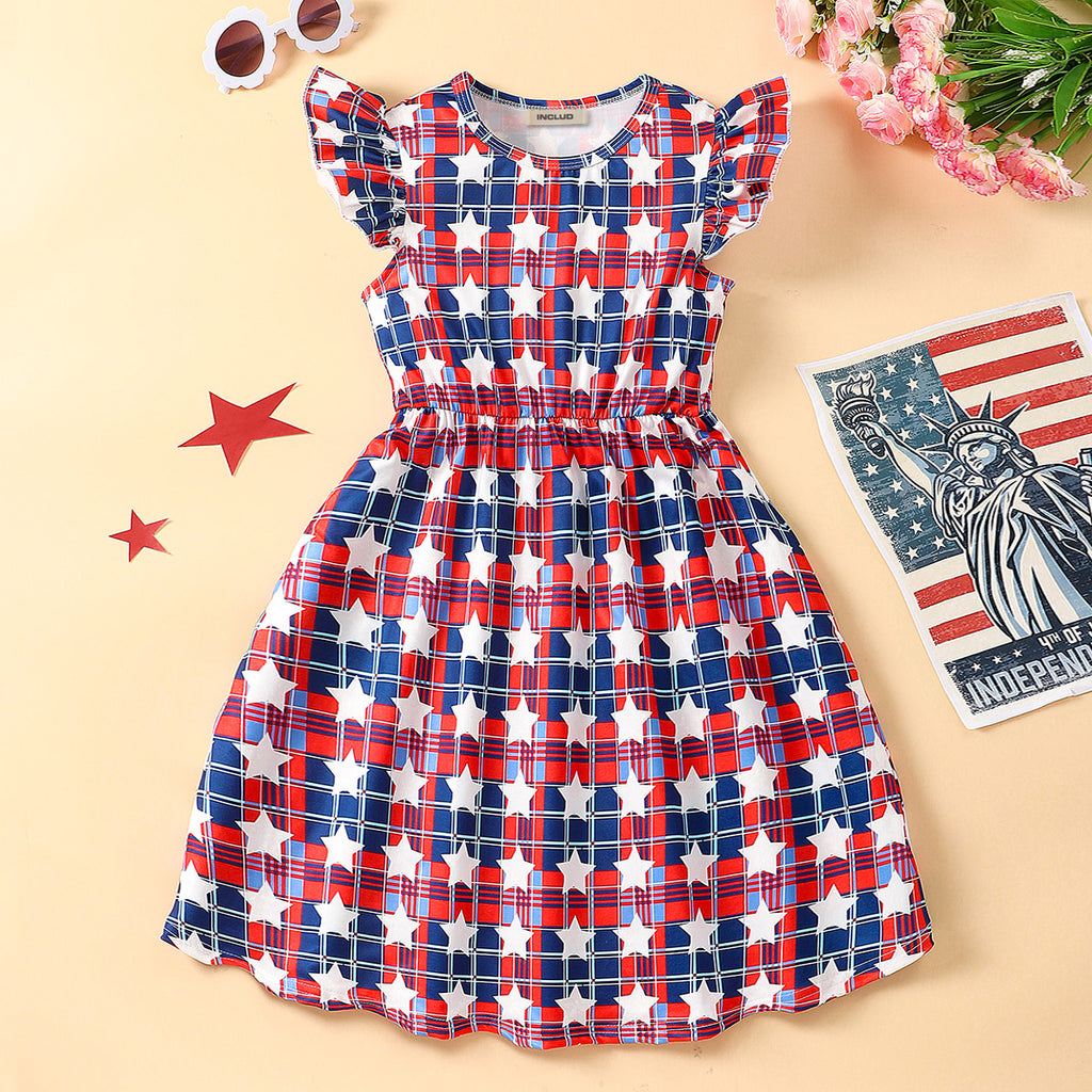 Girls Red-Blue Checkered Star Print Flared Casual Dress Casual Dresses Red 7-8 Y