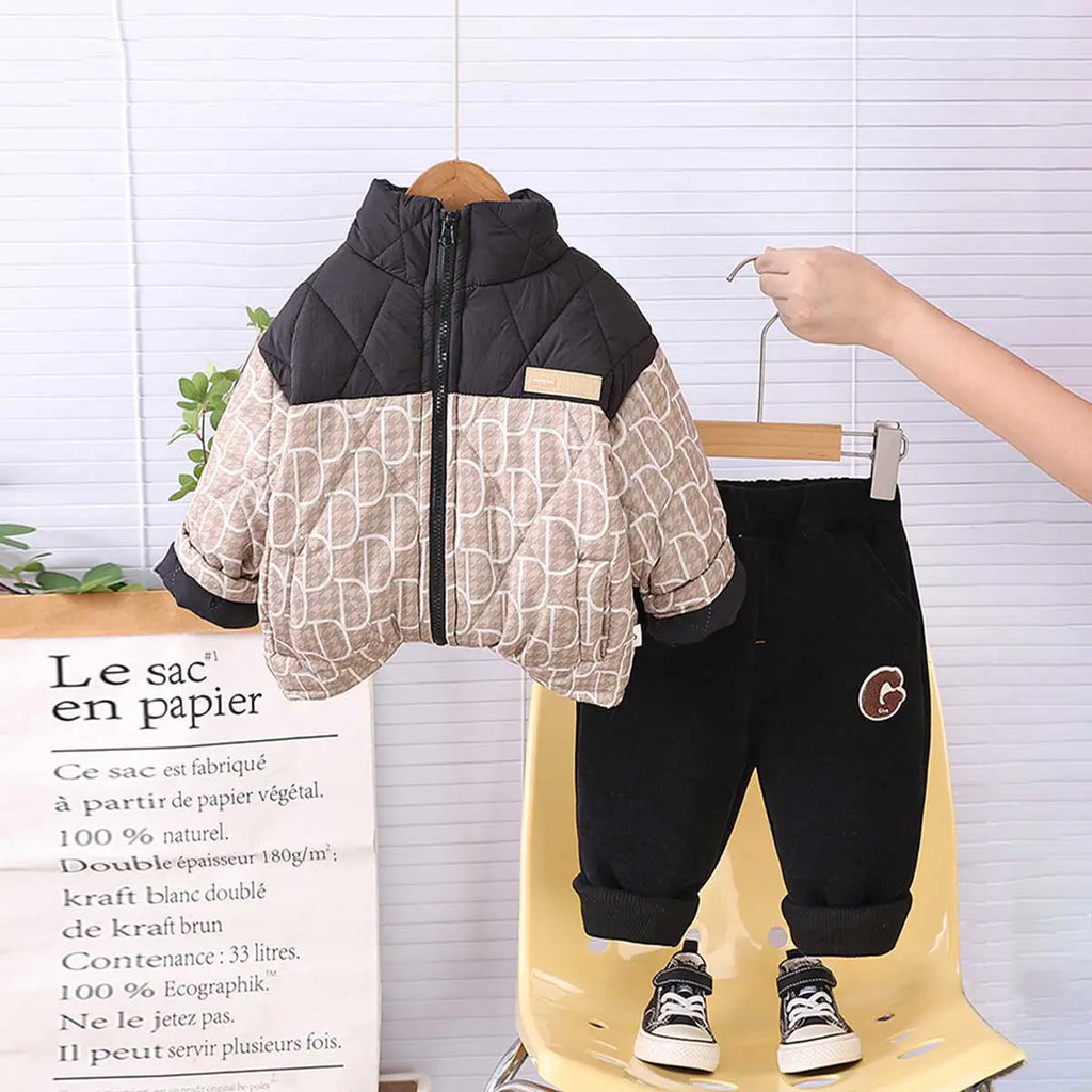 Boys Black Abstract Printed Quilted Puffer Jacket With Jogger Sets Sets Black 1-2 Y
