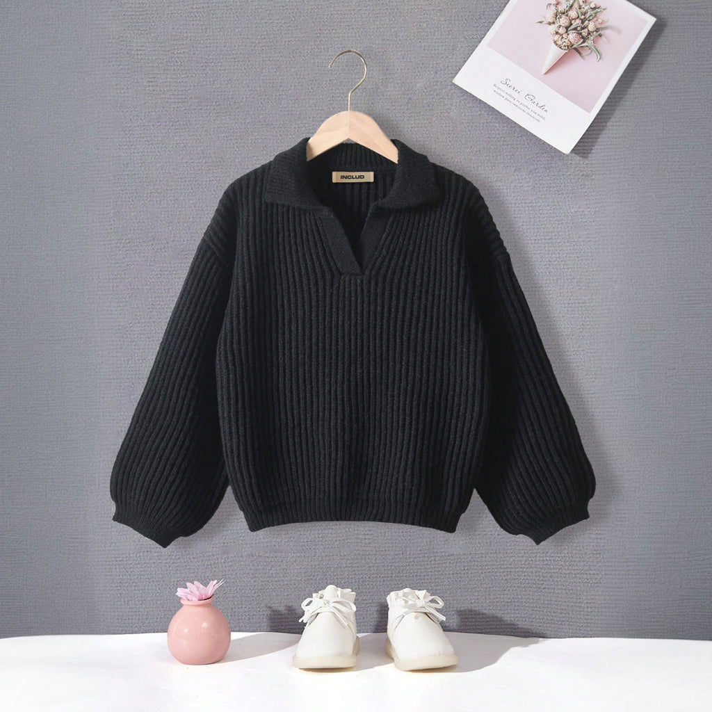 Girls Black Self-Designed Polo Collared Pullover Winter Sweater Sweaters & Cardigans Black 7-8 Y