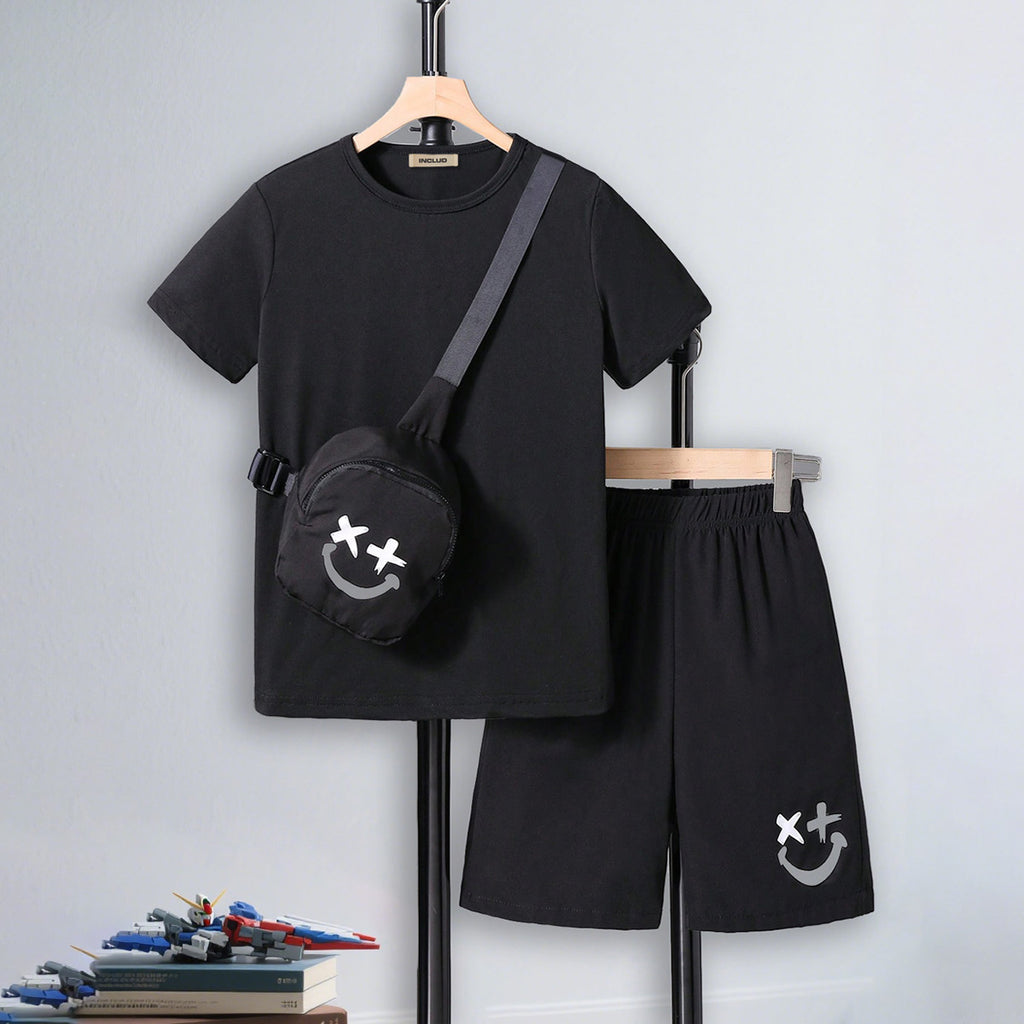 Boys Black Short Sleeves T-Shirt With Sling Bag And Shorts Set 3 pc. Sets Black 7-8 Y