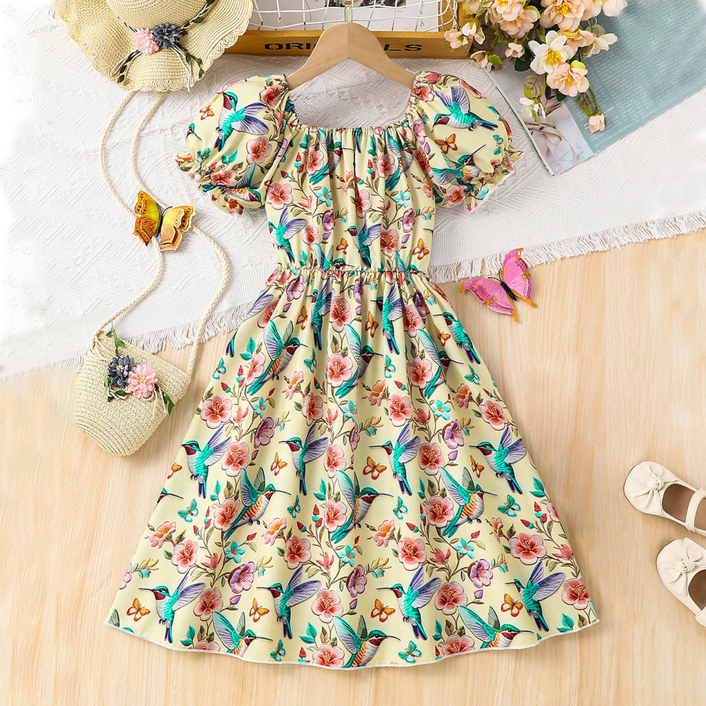 Girls Multicolored Bird And Flowers Printed Scoop Neck Fit & Flare Dress Casual Dresses
