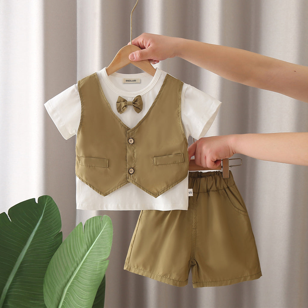 Boys Khaki Short Sleeves T-Shirt Attached Waistcoat With Shorts Set 2 pc. Sets Khaki 1-2 Y