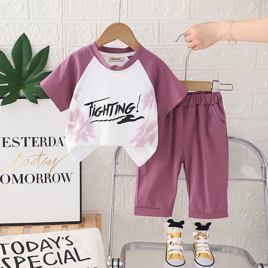 Boys Purple Typographic Printed Raglan Sleeves T-Shirt With Pants Set 2 pc. Sets Purple 1-2 Y