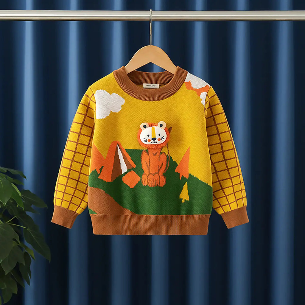 Boys Yellow Knitted Sweater With Lion Face Applique Sweaters & Cardigans Yellow 1-2 Y