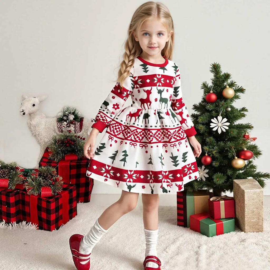 Girls White Self-Design Christmas Patterns Long Sleeves Fit & Flare Dress Casual Dresses White 3-4 Y