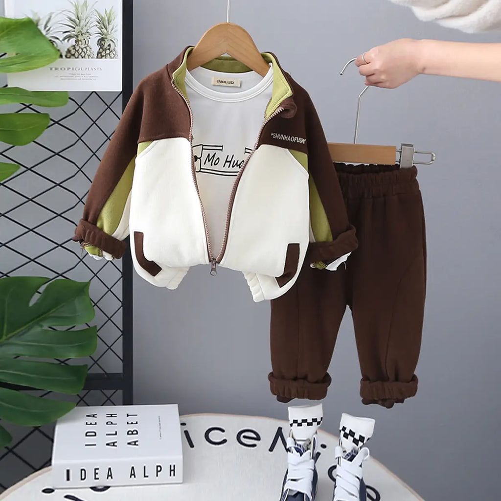 Boys Brown Colorblocked Zipper Jacket With Printed T-Shirt & Jogger Sets Sets Brown 1-2 Y